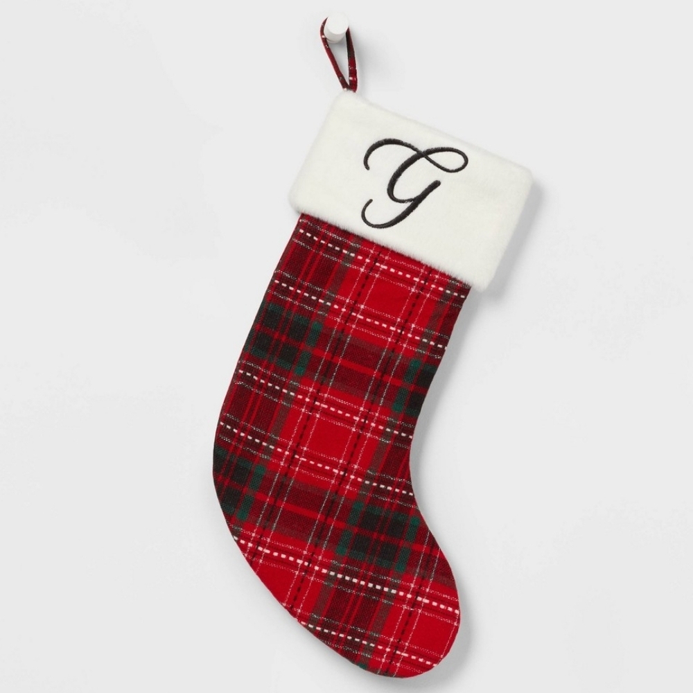 20" Plaid Monogram 'G' Christmas Holiday Stocking with Faux Fur Cuff Red/Green/